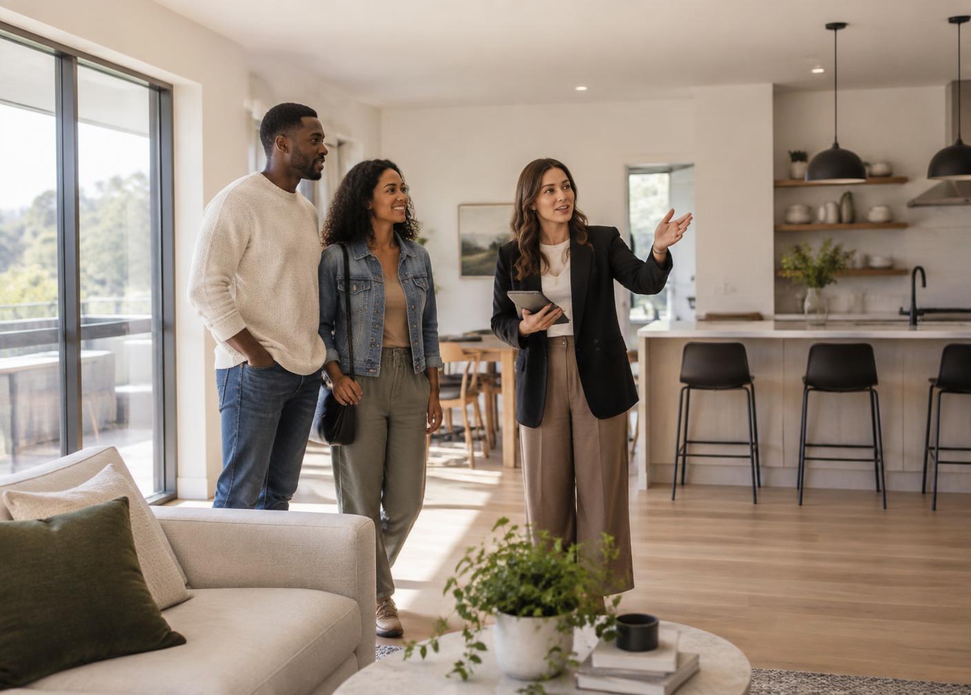 A couple walking through a bright, open home with their agent